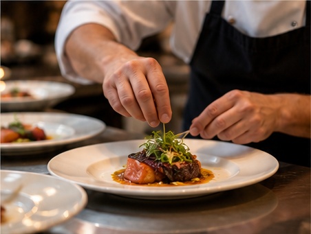 A chef puts the finishing touches on a tasting dish