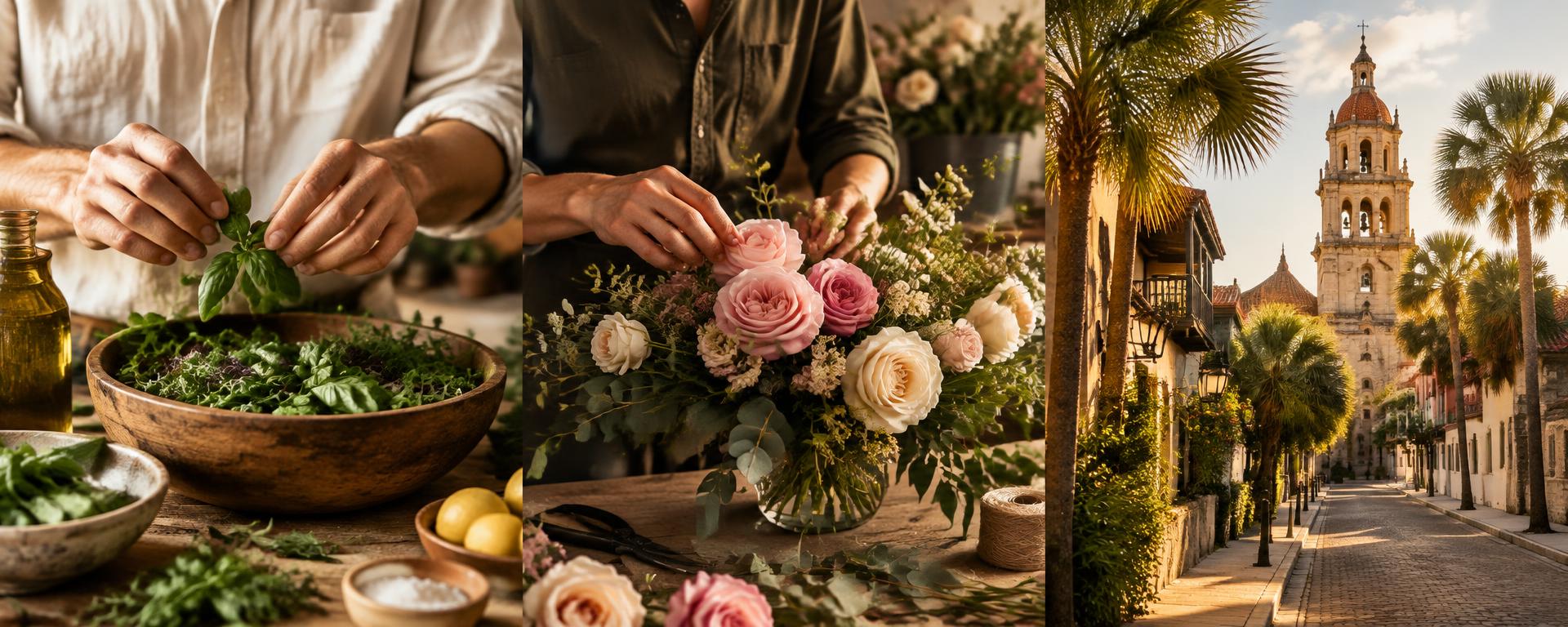 An artisan preparing fresh herbs